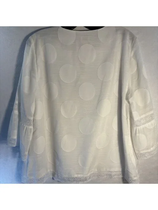 White Chico's Sheer Polka Dot Blouse With Crochet Trim & 3/4 Bell Sleeves - Picture 4 of 6